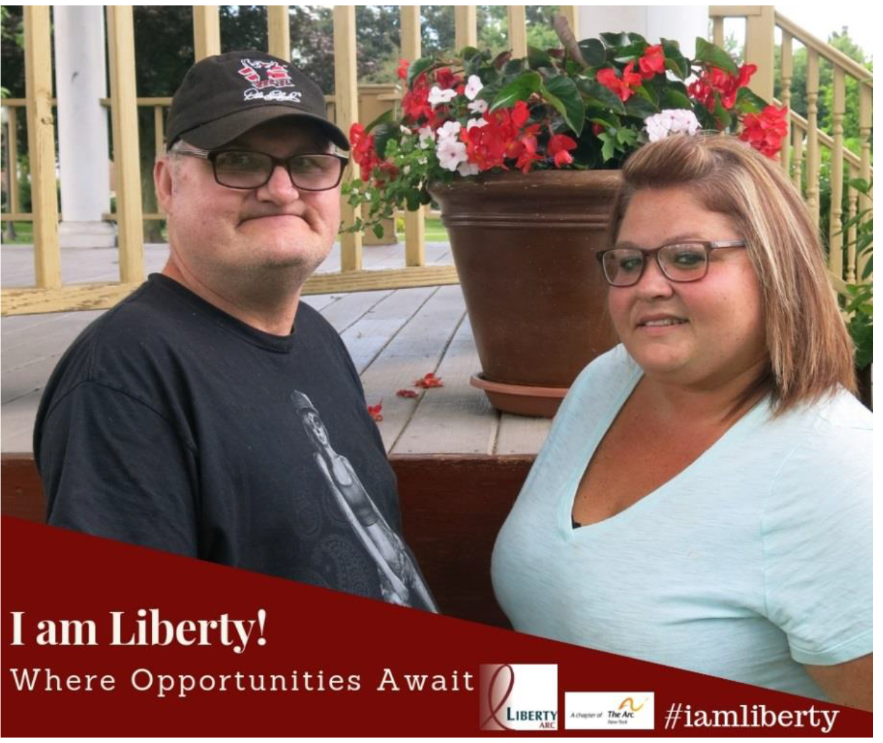 I am Liberty Story: Where Opportunities Await. Headshot of Deitra Stockwell with man she supports at Liberty ARC.