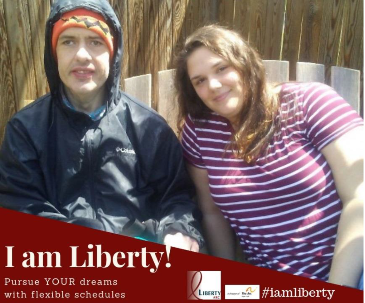 TaylerMotyl I am Liberty Story: Pursue Your Dreams with Flexible Schedules. Headshot of Tayler Motyl with man she supports at Liberty ARC.