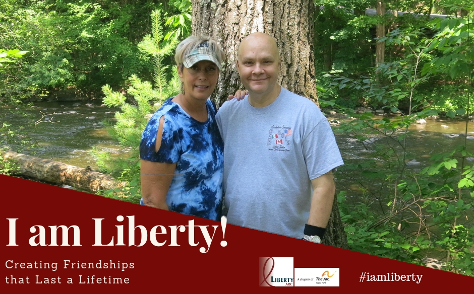 I am Liberty ARC Story: Creating Friendships That Last a Lifetime. Headshot of Sue Pacillo with man she supports at Liberty ARC.