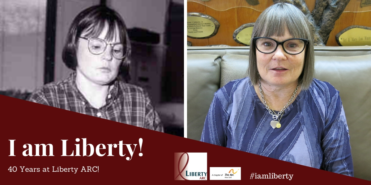 I am Liberty Story: 40 Years at Liberty ARC. Two Headshots of Kathy Friday, a current one and an older photo.