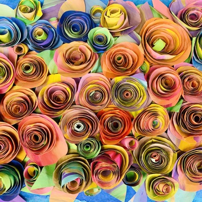 Collage of colorful paper roses.