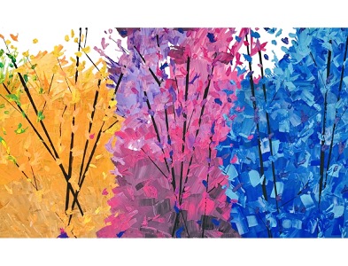 Orange, pink, and blue trees painting