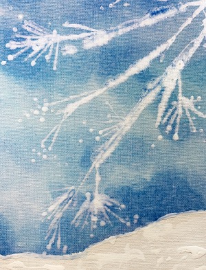 White tree branches with snow flakes and a blanket of snow on the ground painting