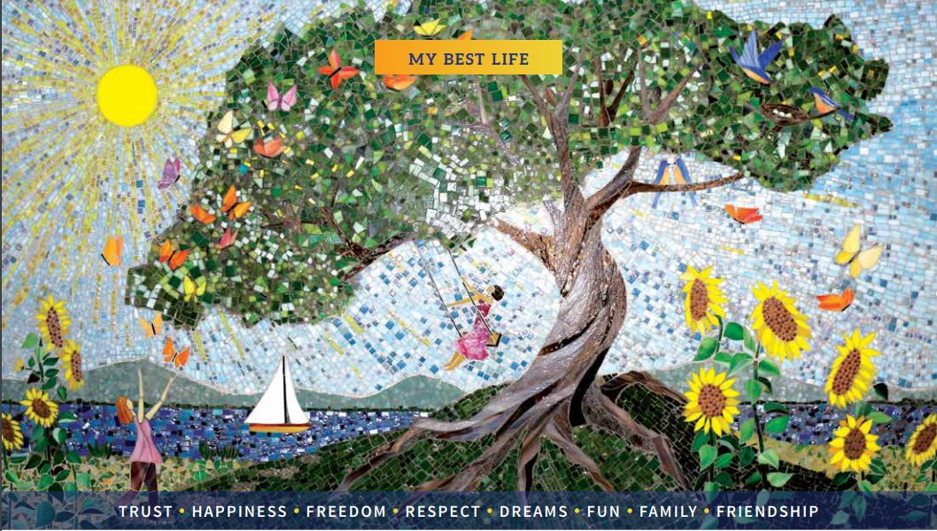 Cover of 2021 Liberty ARC Annual Report. Mosaic piece with girl swinging from a tree.