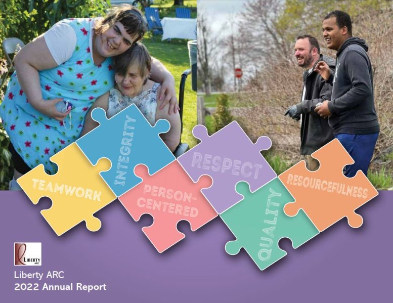 Left two women outside smiling, one is bent down to hug the other. Two men outside in a garden smiling and standing next to each other. Puzzle piece cover for Liberty ARC's 2022 Annual Report.