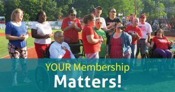 Group of people supported by Liberty ARC singing at a baseball game with lower third stating, "Your Membership Matter."
