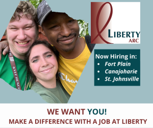 We want you! Make a difference with a job at Liberty. Female Liberty ARC staff with two men supported on each side of her.