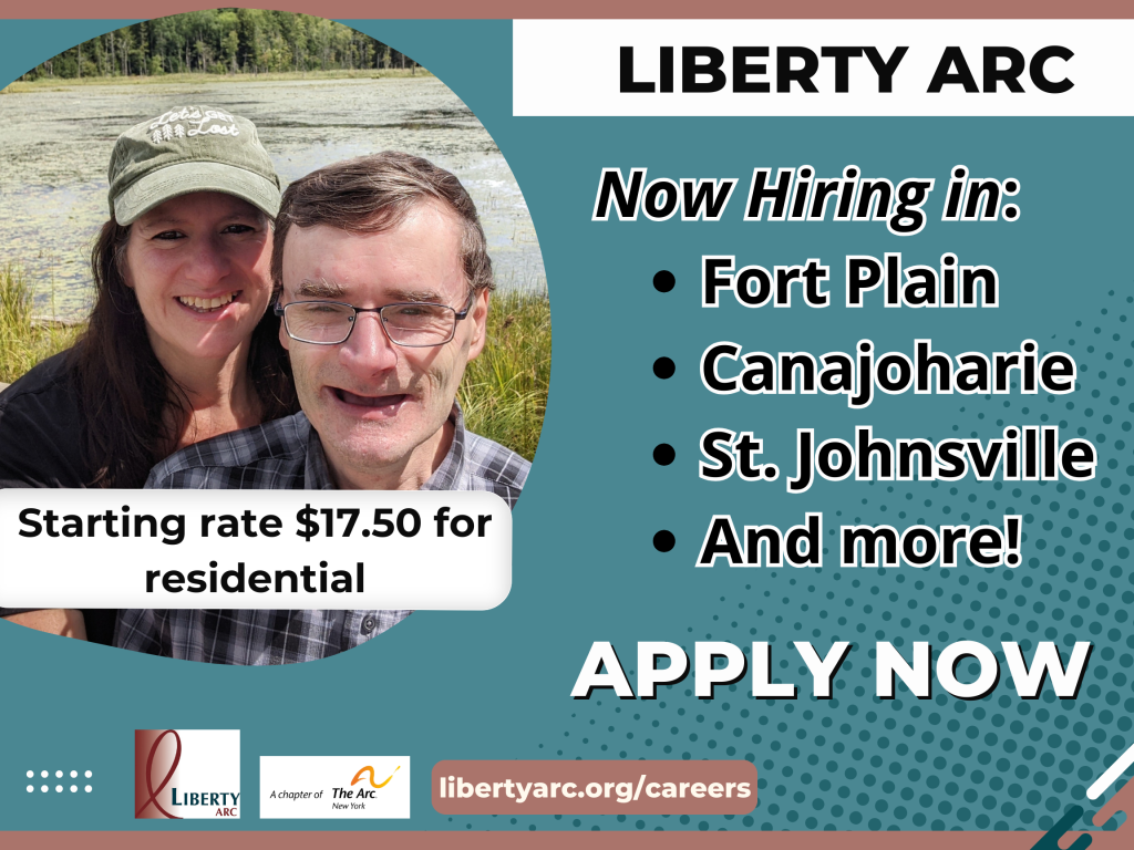 Liberty ARC is hiring in Fort Plain, Canajoharie, St. Johnsville. Liberty ARC female smiling with smiling man supported by Liberty ARC near water.