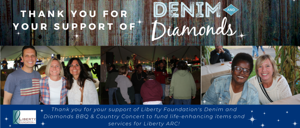 Group of people smiling and dancing at country concert. Thank you for your support of Liberty Foundation's Denim and Diamonds to fund life-enhancing items and services for Liberty ARC.