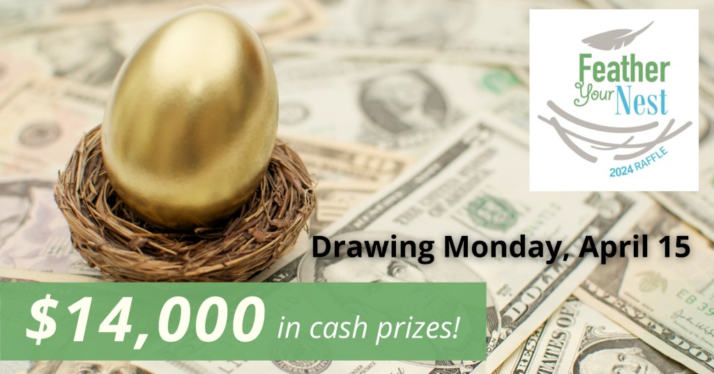 Golden egg in nest under cash money. Liberty Foundation's Feather Your Nest Raffle - Monday, April 15