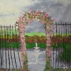 Painting of a flower garden with a fountain by Frank Rivera.