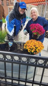 Donna Vincent, the Horticulture Coordinator, with a man planting mum flowers.