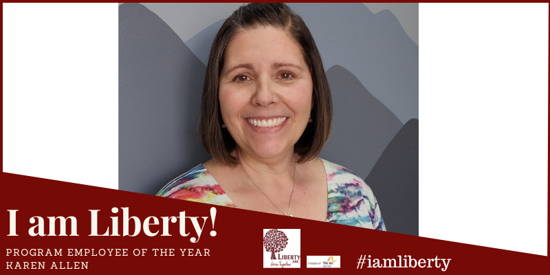 Banner Template (28) I am Liberty Story: Program Employee of the Year - Karen Allen. Headshot of Karen Allen.