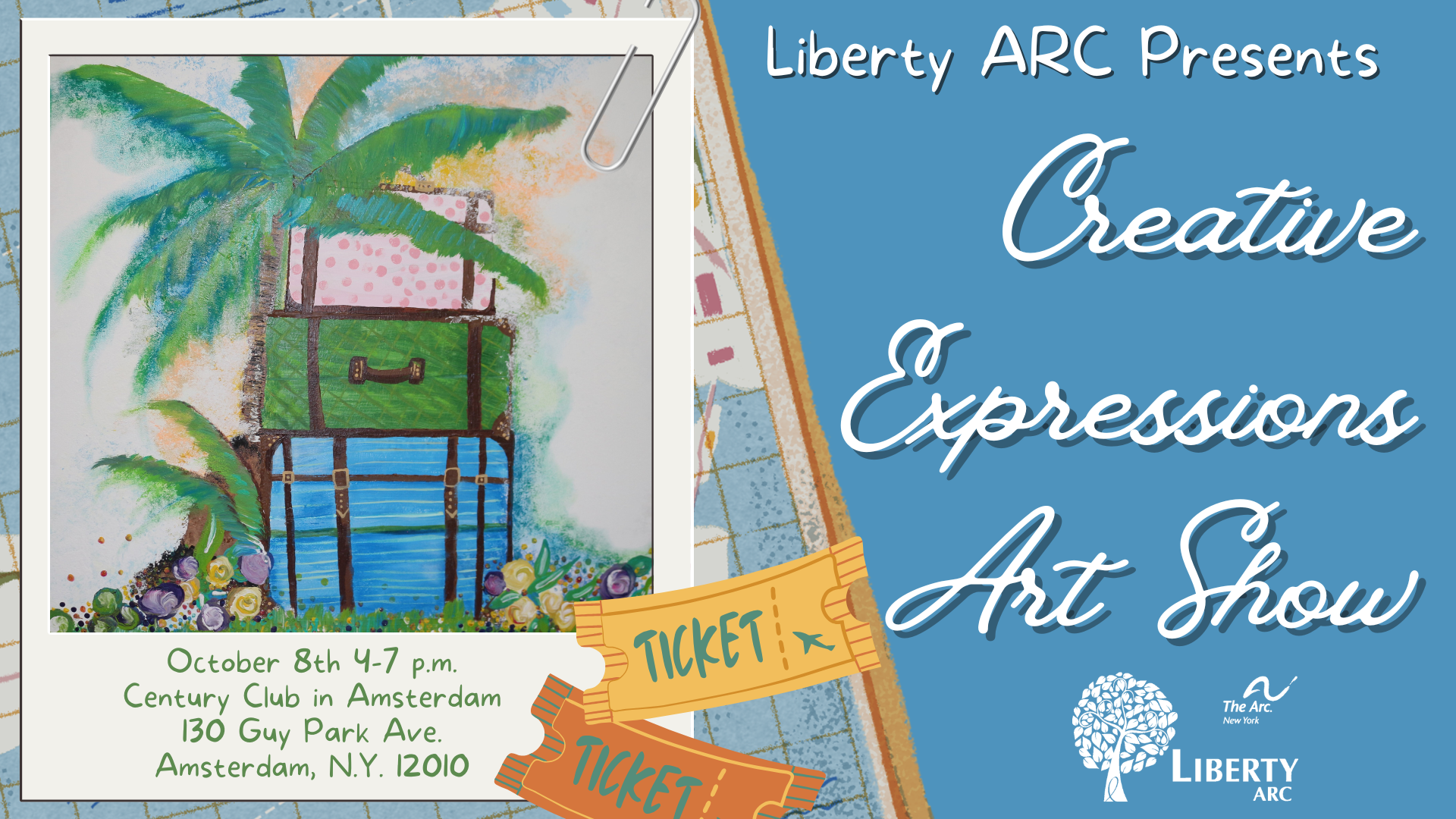 Liberty ARC Presents Creative Expressions Art Show. Photo of artwork featuring suitcases and palm tree.