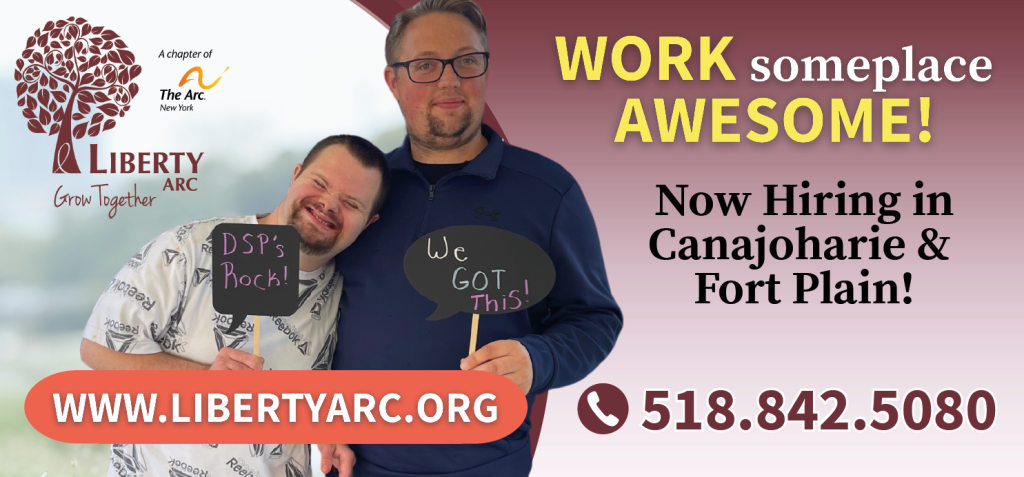 Web Image Smiling staff and man supported by Liberty ARC embracing. Work someplace awesome! Now hiring in Canajoharie and Fort Plain.