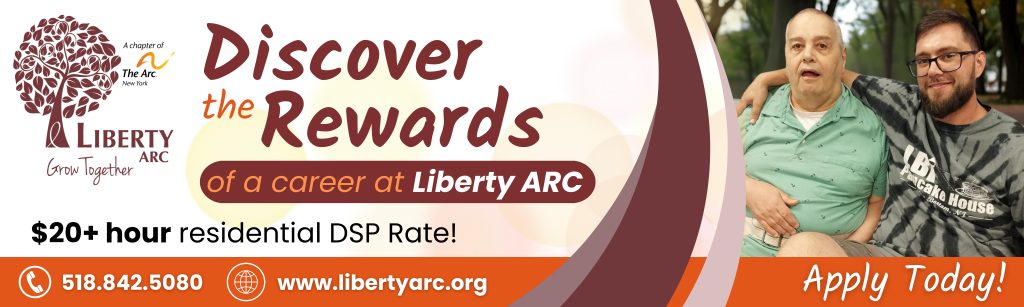 Discover the rewards of a career at Liberty ARC. Photo of older gentleman with young man staff who has his arm around him. $20 an hour plus experience residential DSP rate.