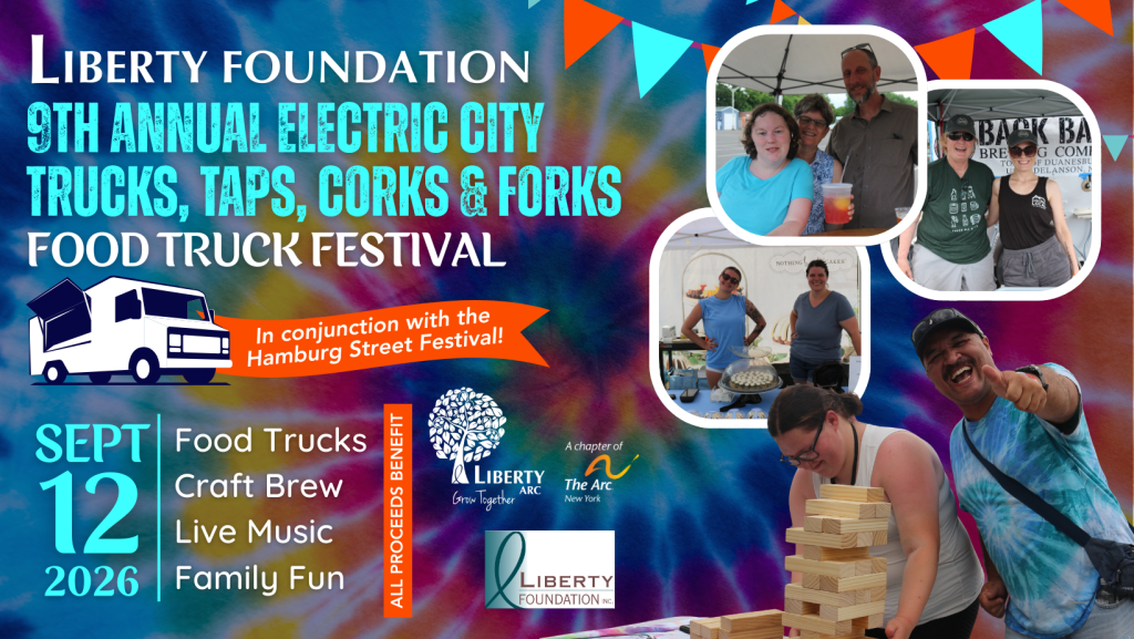 Liberty Foundation 9th Annual Electric City Trucks, Taps, Corks & Forks Food Truck Festival. In Conjunction with the Hamburg Street Festival. September 12, 2026. Photo collage of vendors and happy people attending the food truck event.