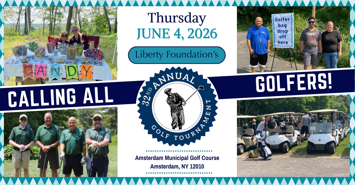 Liberty Foundation's Annual Golf Tournament log with images of staff and golfer's enjoying last year's event.