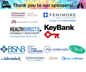 Tie dye banner that reads thank you to our sponsors with a graphic of a food truck and bottle toasting together. A list of corporate sponsor logos.